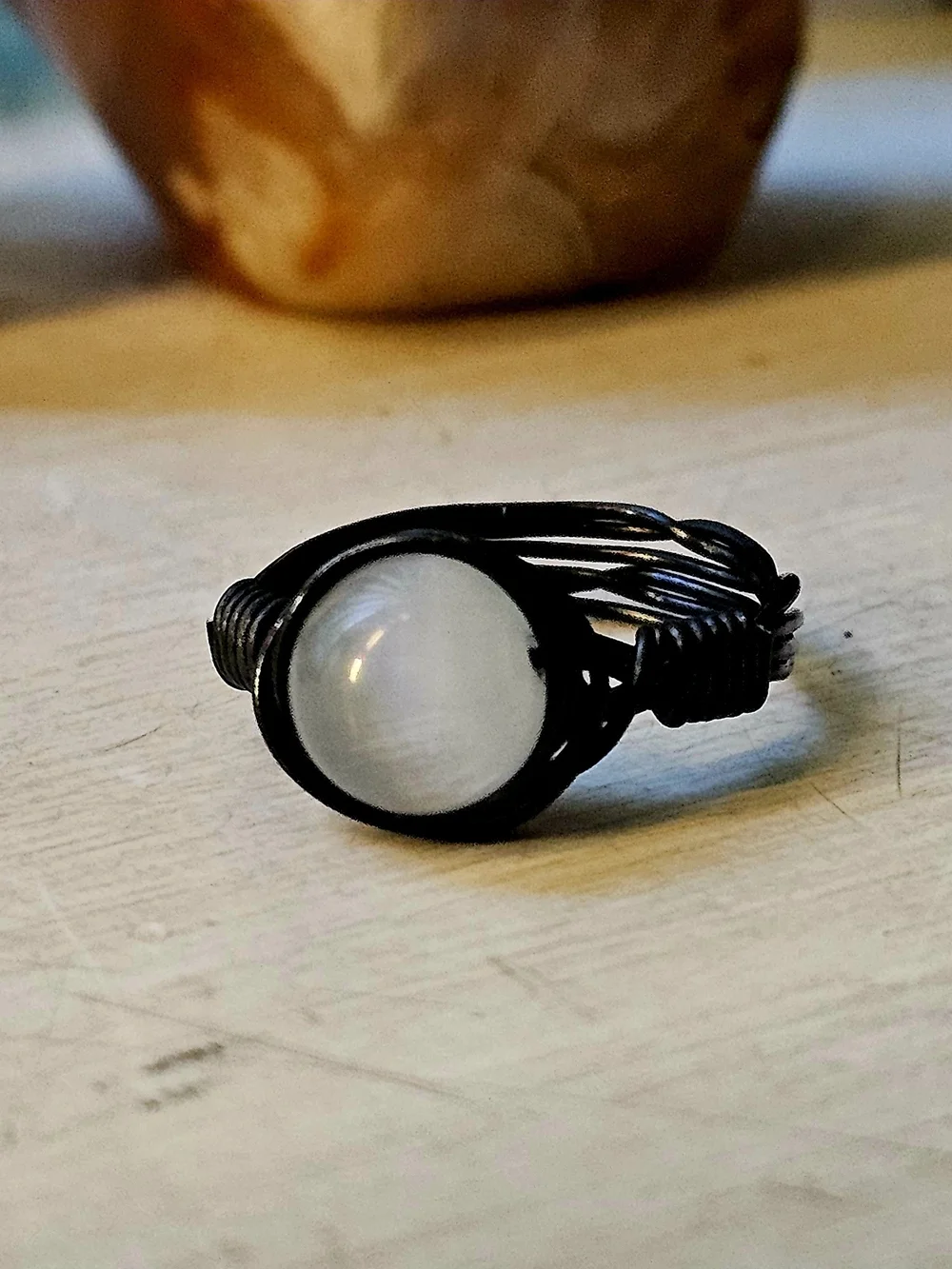 Black Aluminum Wire-Wrap Cat Eye Stone Ring